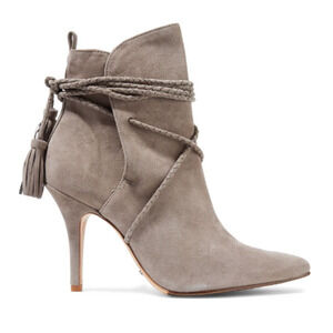 NWT Schutz Fadhila Tasseled Suede Ankle Boots with Braided Tie Gray Womens US 6